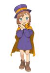 1girl :d a_hat_in_time absurdres blue_eyes bright_pupils brown_footwear brown_hair cape child dress female_child full_body hat hat_kid highres long_hair long_sleeves looking_at_viewer opossumachine orange_cape own_hands_together purple_dress purple_headwear shoes sidelocks simple_background smile solo standing straight-on teeth top_hat upper_teeth_only white_background white_pupils 