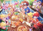  3girls 5boys 6+others agumon bag bird blonde_hair blue_eyes blue_hair blue_shirt brown_eyes brown_hair brown_pants bug burger cat closed_eyes computer digimon digimon_(creature) drink drinking drinking_straw eating food fork gabumon glasses goggles goggles_on_head gomamon green_shirt hat horns huan_li ishida_yamato izumi_koushirou kido_jou knife laptop long_hair multiple_boys multiple_girls multiple_others open_mouth orange_hair orange_shirt palmon pants patamon piyomon plant plate red_hair shirt short_hair short_sleeves shoulder_bag spiked_hair table tachikawa_mimi tailmon takaishi_takeru takenouchi_sora tentomon vest watch white_shirt wristwatch yagami_hikari yagami_taichi yellow_vest 