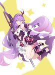  1girl absurdres bandaged_leg bandages fang full_body hair_ornament hairband highres honkai_(series) honkai_impact_3rd long_hair open_mouth purple_hair scissors simple_background sirin skin_fang skirt solo star_(symbol) thighs toes white_skirt yellow_eyes yukari_(user_tsrs4747) 