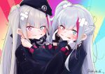  2girls aqua_eyes bandaid bandaid_on_face beret black_gloves black_headwear black_jacket catfight crossed_bandaids girls&#039;_frontline girls&#039;_frontline_neural_cloud gloves grey_hair hat heterochromia highres jacket kuro_(girls&#039;_frontline_nc) long_hair long_sleeves mdr_(girls&#039;_frontline) multicolored_hair multiple_girls ohichi16 purple_eyes purple_hair side_ponytail single_glove streaked_hair tactical_clothes two-tone_gloves white_gloves 