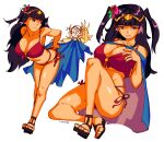  2girls 3amsoda artist_name bikini black_cape black_hair blonde_hair breasts cape circlet cleavage fire_emblem fire_emblem_awakening fire_emblem_heroes flower hair_flower hair_ornament highres large_breasts leaning lissa_(fire_emblem) long_hair multiple_girls multiple_views navel o-ring o-ring_bikini purple_eyes red_bikini red_cape sandals string_bikini swimsuit tharja_(fire_emblem) tharja_(summer)_(fire_emblem) two-tone_cape two_side_up 