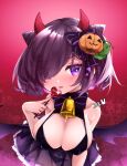 1girl alternate_costume azur_lane bare_shoulders bell bent_over black_bra black_panties blush bra breasts candy cleavage cone_hair_bun cowbell demon_horns demon_wings double_bun food food-themed_hair_ornament hair_bun hair_ornament hair_over_one_eye halloween_costume highres holding holding_candy holding_food holding_lollipop horns jervis_(azur_lane) koma_mksm large_breasts lollipop looking_at_viewer neck_bell panties pumpkin_hair_ornament purple_eyes purple_hair revealing_clothes see-through see-through_skirt short_hair signature skirt solo tongue tongue_out underwear wings 