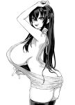 1girl asanagi ass back backless_dress backless_outfit bare_shoulders blush breasts dress greyscale highres huge_breasts long_hair looking_at_viewer looking_back meme_attire monochrome open_mouth original sideboob sidelocks smile solo thighhighs thighs virgin_killer_sweater 