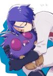  1boy blue_hair closed_eyes hug i_ht_b james_(pokemon) pokemon pokemon_(anime) pokemon_(creature) sad venonat white_background 