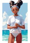  1girl ass_visible_through_thighs black_hair breasts brown_eyes bunches commentary_request cowboy_shot dark-skinned_female dark_skin earrings forehead headband highres jewelry lily_hawk medium_breasts native_american ocean shirt solo standing street_fighter street_fighter_6 t-shirt tassel tassel_earrings updo white_shirt white_swimsuit yagi_(joe731842) 