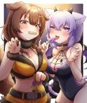  2girls absurdres ahoge animal_ear_fluff animal_ears bone_hair_ornament breasts brown_eyes brown_hair cat_ears cat_girl cat_tail claw_pose cleavage demon_horns demon_wings dog_ears dog_girl dog_tail hair_ornament halloween highres hololive horns inugami_korone large_breasts looking_at_viewer medium_hair multiple_girls nail_polish nekomata_okayu purple_eyes purple_hair tail tkc_(user_snjd8547) virtual_youtuber wings yellow_nails 