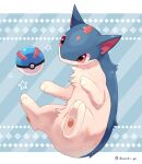  blue_background diagonal_stripes diamond_(shape) fluffy great_ball hands_up highres ibusaki_(ivu) legs_up looking_at_object no_humans pawpads poke_ball pokemon pokemon_(creature) quilava red_eyes solo star_(symbol) striped twitter_username 