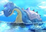  afloat blue_eyes blue_sky bright_pupils cloud day flippers from_side horns kotobukkii_(yt_lvlv) lapras looking_at_viewer no_humans pokemon pokemon_(creature) shell single_horn sky solo swimming water white_pupils 
