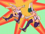  2boys animal_ears bakugou_katsuki bare_arms blonde_hair body_freckles boku_no_hero_academia clenched_hand commentary cosplay english_commentary freckles full_body gloves green_hair habkart highres jumping leotard looking_at_viewer male_focus midoriya_izuku mirko mirko_(cosplay) multiple_boys open_mouth outline rabbit_ears rabbit_tail short_hair spiked_hair starry_background tail white_gloves white_leotard yellow_outline 