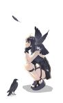  1girl animal_on_shoulder arknights bare_shoulders bird bird_on_shoulder black_gloves black_hair black_shirt crow feathers fingerless_gloves from_side full_body glance gloves gy0523shiver head_rest highres la_pluma_(arknights) looking_at_viewer medium_hair profile shadow shirt sideways simple_background sleeveless sleeveless_shirt solo squatting white_background 