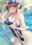  1girl :o absurdres black_one-piece_swimsuit blush breasts brown_eyes brown_hair cleavage closed_mouth commentary_request goggles goggles_on_head highres large_breasts looking_at_viewer mole mole_under_eye ogata_tei one-piece_swimsuit original outdoors pool sideboob solo swim_cap swimsuit thighs wet 