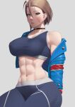  1girl abs absurdres antenna_hair black_choker black_sports_bra blue_eyes breasts brown_hair cammy_white choker cropped_jacket highres jacket large_breasts midriff muscular muscular_female pants putcher scar scar_on_face short_hair sitting solo sports_bra street_fighter street_fighter_6 yoga_pants 