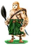  4_fingers absurd_res anthro avian barazoku barbarian beak bird black_eyes clothed clothing feather_hands feathers feet fingers green_kilt hi_res hrez humanoid kilt knife male masked_owl melee_weapon musclegut muscular owl pecs sheru_owl simple_background solo standing sword tail_feathers talons toes topless tytonid weapon wok 