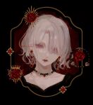  1girl bead_necklace beads blonde_hair commentary earrings flower grey_hair highres jewelry looking_at_viewer necklace original purple_eyes qluyi red_flower red_lips red_rose rose short_hair solo symbol-only_commentary 