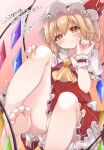  1girl ascot bare_legs barefoot blonde_hair blush closed_mouth commentary_request commission crystal fang fang_out feet flandre_scarlet flat_chest foot_focus foot_out_of_frame gradient_background hand_up haruki_(colorful_macaron) hat looking_at_viewer mob_cap pink_background pointy_ears red_eyes red_skirt red_vest simple_background skeb_commission skirt skirt_set smirk solo toes touhou vest wings wrist_cuffs yellow_ascot 