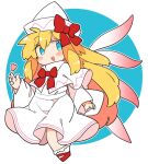  1girl bangs blonde_hair blue_eyes blush capelet dress fairy fairy_wings full_body hair_between_eyes hat highres ini_(inunabe00) lily_white long_hair long_sleeves open_mouth red_footwear shoes smile socks solo touhou white_capelet white_dress white_headwear white_socks wings 