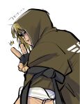  1boy blonde_hair coat crown emoji highres hood hood_up jitome ken_masters large_hands looking_at_viewer looking_back male_focus medium_hair mismatched_eyebrows muscular muscular_male solo sparse_stubble street_fighter street_fighter_6 szknkrsti thick_eyebrows upper_body v 