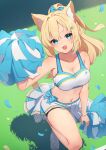  1girl :d absurdres animal_ears blonde_hair blue_bow blue_eyes blue_skirt bow breasts cat_ears cheerleader cleavage collarbone commentary_request grass hair_bow hair_ornament heart heart_hair_ornament highres hinata_(user_rjkt4745) holding holding_pom_poms looking_at_viewer medium_breasts medium_hair midriff navel open_mouth original pom_pom_(cheerleading) ponytail shoes skirt smile sneakers solo two-tone_skirt white_footwear white_skirt 