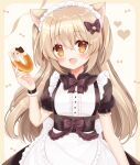  1girl :d animal_ears apron black_dress blush bow brown_bow brown_eyes cat_ears center_frills doughnut dress food frilled_apron frills hair_between_eyes hair_bow hand_up highres holding holding_food light_brown_hair long_hair maid maid_headdress original puffy_short_sleeves puffy_sleeves shikito shirt short_sleeves smile solo two_side_up very_long_hair white_apron white_shirt wrist_cuffs 