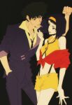  1boy 1girl black_background cigarette couple cowboy_bebop faye_valentine green_eyes h_ysk_0 hairband hetero highres lipstick makeup navel necktie purple_hair shirt simple_background spike_spiegel yellow_hairband yellow_shirt 