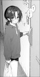  1girl absurdres apartment bag blush feet_out_of_frame glasses greyscale highres holding holding_bag hood hoodie long_sleeves looking_at_viewer monochrome nikubou_maranoshin original parted_lips ponytail short_hair short_shorts shorts solo standing sweatdrop 