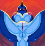  2018 anthro areola big_breasts blue_body blue_scales blue_skin breasts butt crossgender digital_media_(artwork) female foreshortening genital_focus genitals hi_res june_(justathereptile) justathereptile komodo_dragon lizard looking_at_viewer low-angle_view monitor_lizard nipples non-mammal_breasts nude pink_areola pink_nipples pink_pussy pussy red_eyes red_sky reptile scales scalie scutes sky solo surprise tail watermark 