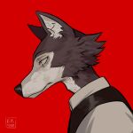  animal_ears beastars ek9000 furry highres legoshi looking_to_the_side no_humans red_background wolf wolf_ears 