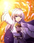  1girl arm_up book cape circlet clya_lyren dress fire_emblem fire_emblem:_genealogy_of_the_holy_war highres holding holding_book jewelry julia_(crusader_of_light)_(fire_emblem) julia_(fire_emblem) long_hair magic purple_cape purple_eyes purple_hair sash solo wide_sleeves 