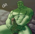  abs balls biceps casual_erection casual_nudity erection genitals green_body green_skin guppo humanoid male manly muscular muscular_male navel nipples not_furry nude orc pecs penis penis_grab simple_background solo solo_focus 