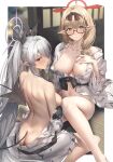  2girls absurdres ass back bare_back bath_yukata blue_archive blush breasts chinatsu_(blue_archive) chinatsu_(hot_spring)_(blue_archive) cleavage closed_mouth collarbone dark-skinned_female dark_skin demon_tail glasses grey_hair hair_over_one_eye hair_ribbon hairband halo highres hiyashi_mirano indoors iori_(blue_archive) japanese_clothes kimono large_breasts leaf_print light_brown_hair long_hair long_sleeves looking_at_viewer looking_back medium_breasts multiple_girls naked_kimono navel off_shoulder official_alternate_costume pointy_ears red_eyes ribbon sash sitting tail thighs topless twintails very_long_hair wariza white_kimono wide_sleeves yellow_eyes yukata 