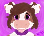  anthro bovid bovine brown_body brown_fur brown_hair canid canine canis cattle choker domestic_dog female fur hair hybrid hypnosis hypnotic_eyes iriska jewelry mammal mind_control necklace pink_nose purple_background simple_background solo watermark white_body white_fur 