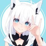  1girl ahoge animal_ears blue_background blue_eyes blush fox_ears fox_girl fox_shadow_puppet hololive hood hoodie looking_at_viewer natsuki_haru_(tierishino) shirakami_fubuki shirakami_fubuki_(1st_costume) smile solo virtual_youtuber white_hair white_hood white_hoodie 