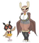  anthro beak big_breasts bottomwear breasts brown_body clothing duo eyelashes female generation_2_pokemon hi_res hoothoot huge_breasts legwear nintendo noctowl overalls pokeball pokemon pokemon_(species) red_eyes ribbons shirt shorts simple_background skirt tail topwear urusee584 white_background wings 