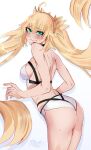  1girl absurdres ass bikini blonde_hair blush breasts colored_eyelashes ev3n793 fate/grand_order fate_(series) green_eyes hair_between_eyes highres long_hair medium_breasts nail_polish simple_background swimsuit tearing_up twintails white_background 