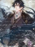  1boy akutagawa_ryuunosuke_(bungou_to_alchemist) antenna_hair ascot belt belt_buckle black_belt black_gloves black_hair blue_eyes brooch brown_cape buckle bungou_to_alchemist cape closed_mouth cowboy_shot curtained_hair earrings expressionless fingerless_gloves gears gloves grey_background grey_kimono hair_between_eyes hair_tubes japanese_clothes jewelry kimono lapel_pin lapels lips long_hair looking_at_viewer low_ponytail male_focus multiple_belts notched_lapels shirt smoke solo white_ascot white_shirt yamakawa_umi 