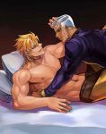  2boys anjingwang dark-skinned_male dark_skin dio_brando enrico_pucci hand_on_another&#039;s_head jojo_no_kimyou_na_bouken male_focus multiple_boys muscular muscular_male on_bed pillow priest scar scar_on_neck stitched_neck stitches stone_ocean topless_male white_hair yaoi 