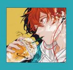  blue_background cup disposable_cup drinking drinking_straw earphones given hood hoodie icing kizu_natsuki listening_to_music red_eyes red_hair satou_mafuyu white_hoodie 