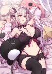 1girl armpits black_bra black_skirt black_thighhighs blush bow bra breasts brown_eyes cleavage commentary_request cone_hair_bun demon_girl demon_horns demon_tail earbuds earbuds_charging_case earphones feet_out_of_frame frilled_bra frilled_skirt frills grey_hair hair_between_eyes hair_bun highres horns indie_virtual_youtuber jyaco large_breasts long_hair looking_at_viewer lying medium_bangs miniskirt multicolored_hair navel on_back open_clothes open_mouth open_shirt pillow pink_bow pink_hair pink_shirt pointy_ears shirt skirt sleeve_bow solo streaked_hair suou_patra tail thighhighs two-tone_hair underwear virtual_youtuber 