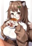  1girl animal_ears anpan blush breasts brown_eyes brown_hair cardigan collared_shirt eating food food_on_face glasses hair_ornament highres holding holding_food kawagami_raito large_breasts leaf_hair_ornament long_hair long_sleeves looking_at_viewer off_shoulder original plaid plaid_skirt pleated_skirt round_eyewear shirt shirt_tucked_in skirt solo squirrel_ears squirrel_girl squirrel_tail table tail 