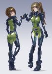  2girls armored_bodysuit ass blue_bodysuit blue_eyes blush bodysuit breasts brown_eyes brown_hair character_request covered_navel fist_bump fortified_suit full_body glasses green_bodysuit grey_background highres impossible_bodysuit impossible_clothes kurione_(zassou) long_hair medium_breasts multiple_girls muv-luv muv-luv_alternative one_eye_closed ponytail shiny_clothes short_hair 