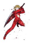  1boy bandage_over_one_eye blonde_hair commentary_request e.g.o_(project_moon) employee_(lobotomy_corporation) gloves holding holding_sword holding_weapon jacket lobotomy_corporation long_sleeves male_focus medu_(rubish) pants project_moon red_footwear red_gloves red_jacket red_pants short_hair solo sword weapon yellow_eyes 