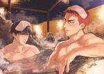  2boys bara bathing black_hair blush closed_mouth highres large_pectorals looking_at_another male_focus multiple_boys muscular muscular_male nipples om3632f one_eye_closed onsen partially_submerged pectorals red_hair rukawa_kaede sakuragi_hanamichi shared_bathing short_hair slam_dunk_(series) smile steam towel towel_on_head water 