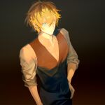  1boy black_background blonde_hair blue_eyes brown_vest circle_of_inevitability dark hand_on_own_hip highres looking_at_viewer lumian_lee male_focus shirt simple_background solo tangpiaogener vest white_shirt 