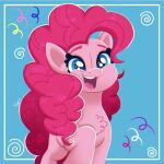  2023 blue_background blue_eyes chest_tuft digital_media_(artwork) earth_pony equid equine eyebrows eyelashes feral friendship_is_magic fur hair happy hasbro hi_res horse mammal mane my_little_pony open_mouth open_smile pink_body pink_fur pink_hair pink_mane pink_tail pinkie_pie_(mlp) pony puyohh simple_background smile solo tail tuft 