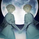  2boys aged_down body_markings brothers child closed_mouth cowboy_shot floating_clothes from_behind full_moon grey_hair highres holding_hands looking_at_another looking_back male_focus millions_knives mole mole_under_eye moon multiple_boys parted_lips profile pudding49500 robe short_hair short_sleeves siblings side_cut trigun trigun_stampede twins vash_the_stampede wind 