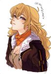  1girl blonde_hair breasts cleavage fur-trimmed_jacket fur_trim highres jacket long_hair looking_at_viewer naizo_(kimosugimasu) purple_eyes rwby solo white_background yang_xiao_long 