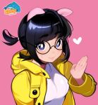  1girl animal_ears black-framed_eyewear black_eyes black_hair blush breasts closed_mouth glasses heart highres large_breasts looking_at_viewer original pig_ears pig_girl pink_background round_eyewear short_hair simple_background smile solo sweat swolefin twitter_username upper_body 