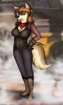  2022 aleu_(balto) anthro balto_(film) black_nose boots bottomwear breasts brown_body brown_fur brown_hair canid canine canis cleavage clothed clothing digital_media_(artwork) domestic_dog ear_piercing female folwilliar footwear full-length_portrait fur gloves hair handwear husky hybrid industrial_piercing kerchief long_hair mammal nordic_sled_dog outside pants piercing portrait shirt solo spitz standing story story_in_description topwear train universal_studios vehicle wolf wolfdog 