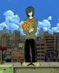  1boy black_eyes black_hair blue_sky building city cityscape closed_mouth cloud commentary_request dated day dot_nose expressionless flower full_body green_shirt hair_over_one_eye highres imminent_suicide long_bangs long_sleeves object_hug original outdoors pants rooftop sandals shirt sky solo standing touma_(the_ba97) track_pants tube twitter_username wind yellow_flower 