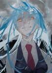  1girl absurdres angela_(project_moon) black_jacket blue_hair bright_pupils cloud cloudy_sky coat collared_shirt hamelon310 highres jacket lab_coat lobotomy_corporation long_hair long_sleeves looking_at_viewer necktie parted_lips project_moon rain red_necktie shirt sky solo upper_body very_long_hair white_coat white_pupils white_shirt yellow_eyes 